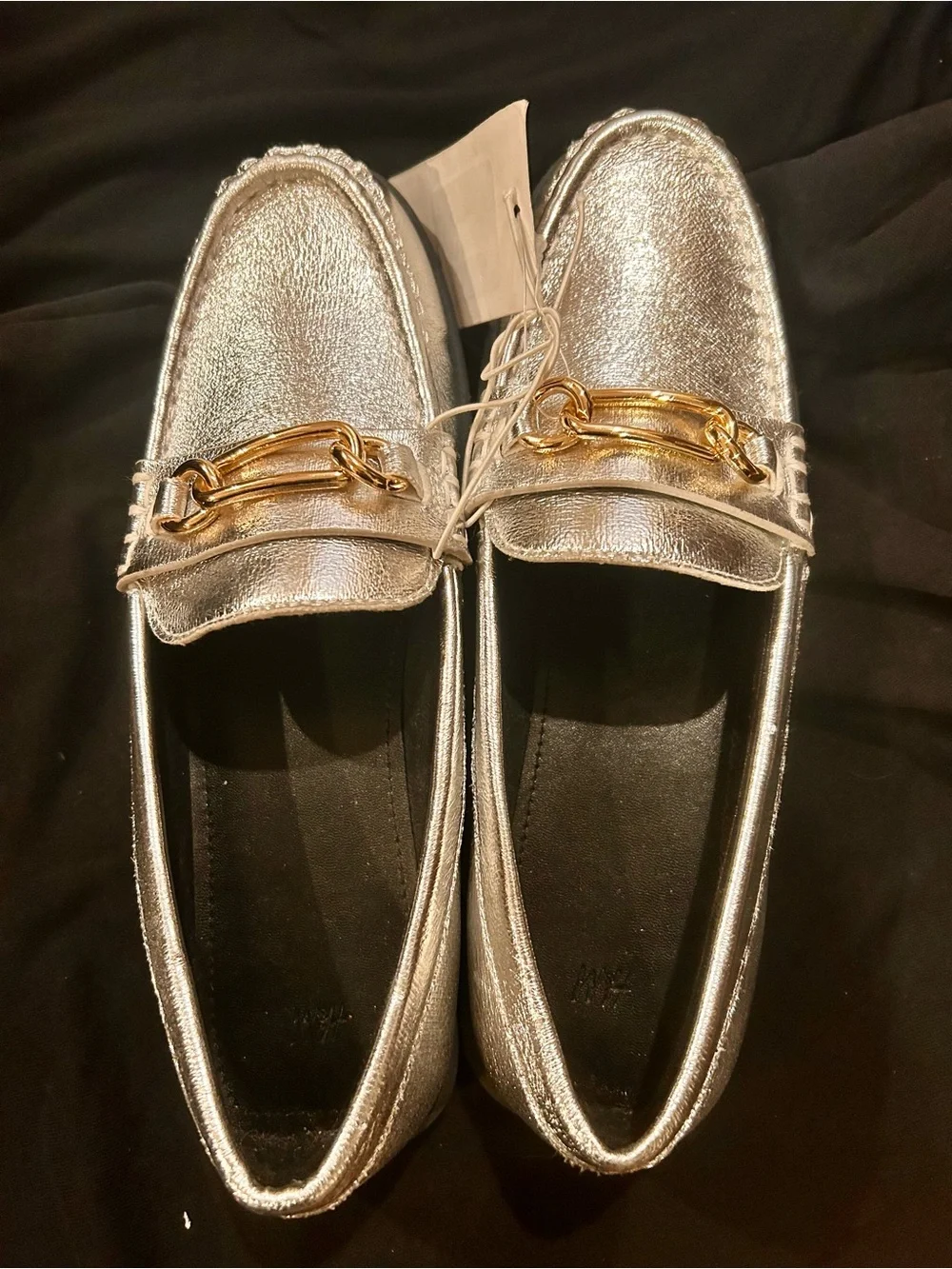 H&M Silver Metallic Loafers size 37 6.5 with Gold Bit Detail NEW NWT